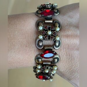 Vintage Victorian Revival Bracelet Red Stone and Pearl Bracelet Costume Jewelry